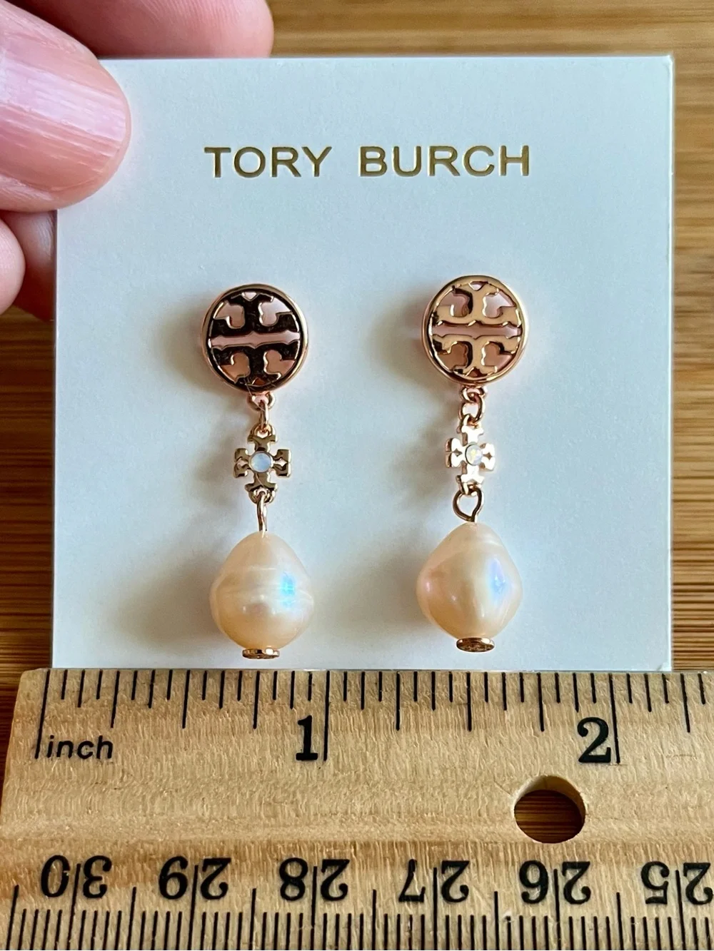 Tory Burch Pearl Drop Earrings Rose Gold Tone & Pink Pearls Moondance